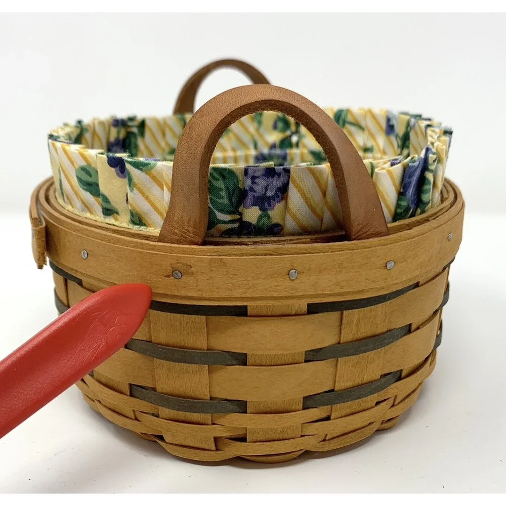Longaberger 1996 Round Basket Leather Handles 6.5 Inch Fabric Liner, Protector